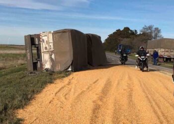 Ruta 33: volcó el acoplado de un camión cargado con cereal