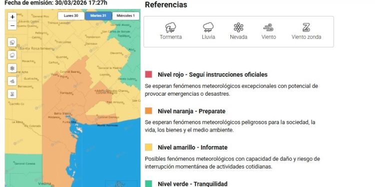 Alerta naranja por tormentas severas: ráfagas de 90 km/h y abundante caída de agua en el sudoeste bonaerense