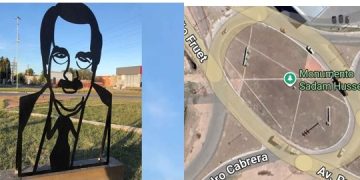 Insólito error en Google Maps: El monumento a Raúl Alfonsín en Bahía Blanca figura como «Saddam Hussein»