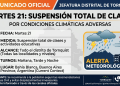 Martes 21:suspensión total de las clases por condiciones climáticas adversas