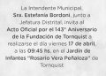 Invitación al acto por el 143º aniversario de Tornquist