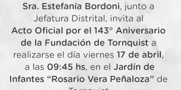 Invitación al acto por el 143º aniversario de Tornquist