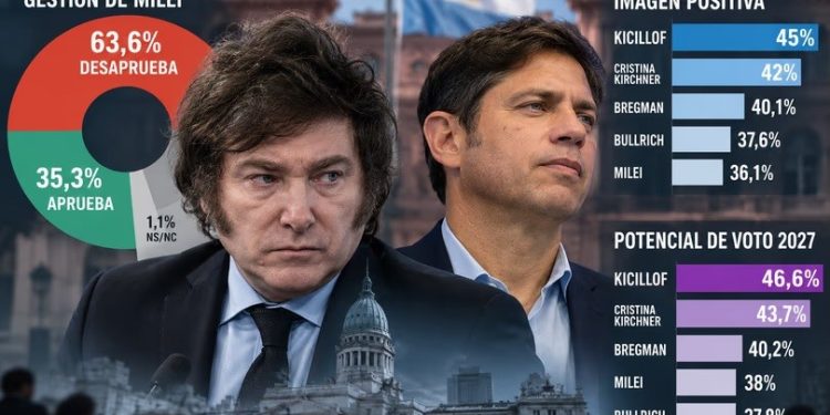 Milei y Kicillof empatan en proyección hacia 2027 en medio de una creciente desaprobación al Gobierno