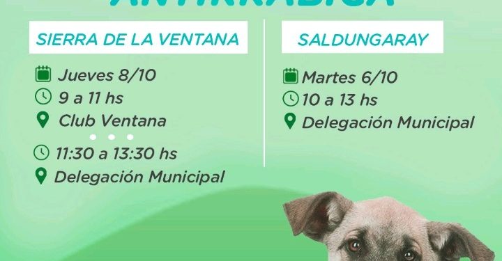 Se realizará una nueva campaña de vacunación antirrábica en Sierra de la Ventana y Saldungaray