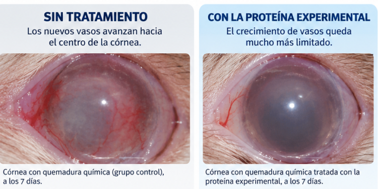Una proteína experimental evitó que nuevos vasos invadieran las capas profundas de la córnea tras una quemadura química