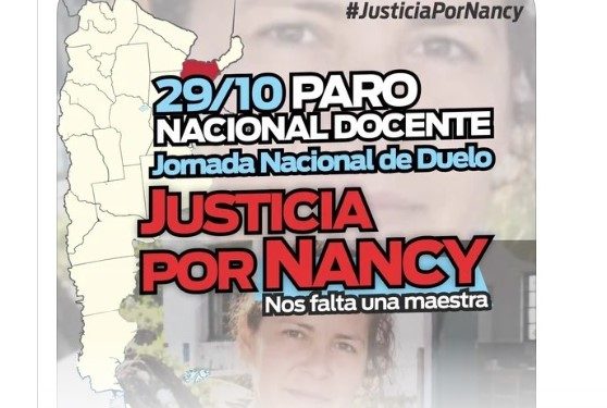 Convocan a un paro nacional docente y jornada de duelo por la muerte de la maestra rural Nancy Godoy